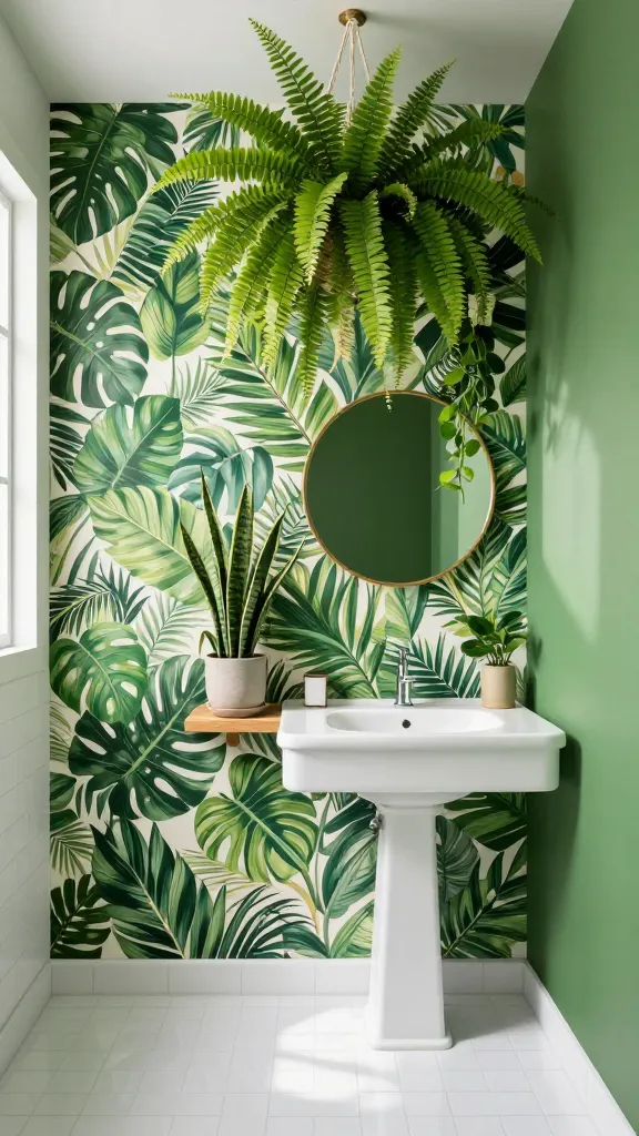 A high-quality, realistic photo of a small, vibrant tropical escape bathroom. One accent wall is adorned with a bold, lush tropical leaf wallpaper featuring large monstera and palm patterns in various shades of green against a light background. The remaining walls are painted a deep, refreshing jungle green. The floor and shower area are covered in crisp white subway tiles, reflecting light. A simple, minimalist white floating vanity with a sleek white sink and a round gold-framed mirror is centered on one of the green walls. Abundant real green plants are strategically placed throughout: a large Boston fern hangs gracefully from the ceiling in a macrame hanger, a potted snake plant sits on a small floating wooden shelf, and a trailing Pothos drapes from the top of the mirror. Natural light streams in from an unseen window, highlighting the textures and vibrant greens. The overall atmosphere is serene, refreshing, and feels like a luxurious mini-jungle retreat. No text.