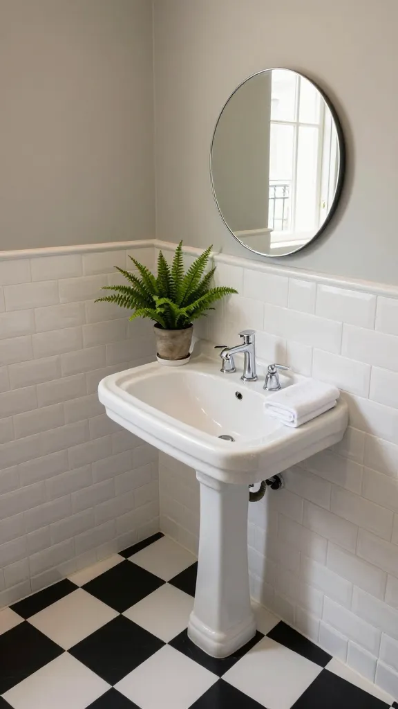 A high-angle, eye-level, realistic photo of a small, elegantly designed Parisian bistro chic bathroom. The floor features a classic black and white checkered pattern. The lower walls are clad in crisp, glossy white subway tiles, transitioning seamlessly to a soft greige paint on the upper walls. A simple white ceramic pedestal sink with polished chrome fixtures stands prominently. Above the sink, a chic, slender-framed round mirror reflects soft, natural light entering from an unseen window. Subtle decorative elements include a small, vibrant green potted fern on the sink counter and a neatly folded white hand towel. The overall atmosphere is one of timeless elegance, subtle luxury, and romantic French charm, captured with sharp focus and warm, inviting lighting. No text.