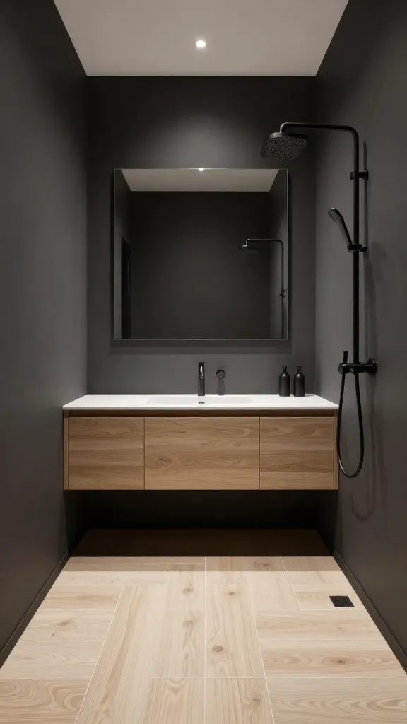 A high-resolution, realistic eye-level photograph of a small, luxurious bathroom designed for dramatic elegance. The walls are painted in a deep, matte charcoal gray, creating a sophisticated and expansive feel despite the room's compact size. The floor features large format, light pale wood-look porcelain tiles, providing a warm and grounding contrast to the dark walls. A simple, modern floating vanity in a light natural wood tone is mounted against one wall, topped with a clean white countertop and an integrated sink. Sleek, matte black wall-mounted faucet and matching black shower fixtures, including a rainfall showerhead and a handheld sprayer, are prominently displayed. A large, frameless rectangular mirror hangs above the vanity, reflecting the room and enhancing the sense of space. Subtle, warm recessed lighting illuminates the space, highlighting the textures and colors. The overall impression is one of modern sophistication and unexpected spaciousness.