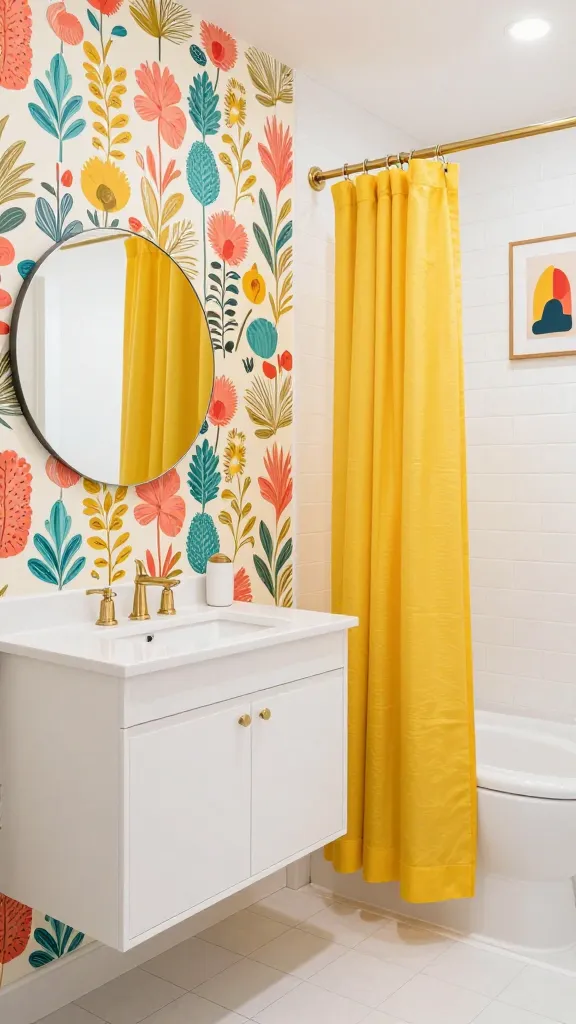 A high-quality, realistic photo of a small, modern bathroom designed with whimsical charm. The walls feature a vibrant wallpaper with a playful, stylized floral pattern in shades of coral, teal, and mustard yellow on a soft cream background. A simple, white floating vanity with a clean white countertop and an integrated sink is positioned beneath a large, round frameless mirror. The floor and shower walls are clad in bright white subway tiles, creating a crisp contrast. A cheerful, bright yellow shower curtain with a subtle textured pattern hangs from a brushed brass rod, injecting a bold pop of color. Above the toilet, a small, quirky art print with a minimalist abstract design in complementary hues adds a touch of personality. The room is brightly lit, showcasing the playful patterns and vibrant accents, creating an inviting and smile-inducing space. No text.