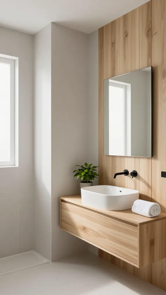 A high-quality, realistic interior design photograph of a small, serene Japandi-style bathroom. Soft greige walls provide a calming backdrop, complemented by clean, simple matte white rectangular tiles in the shower area. A section of the wall features elegant light natural wood slatted paneling, adding warmth and texture. A minimalist, low-profile floating vanity crafted from light wood supports a simple white ceramic vessel sink. Above it, a clean-lined, frameless mirror reflects the abundant natural light streaming into the space. Matte black minimalist fixtures are present. Decor is sparse but intentional: a small, vibrant green potted plant sits on the vanity, alongside a neatly rolled white towel. The overall aesthetic is uncluttered, functional, deeply peaceful, and emphasizes natural materials and clean lines, showcasing Scandinavian warmth blended with Japanese minimalism. Shot with natural light, sharp focus, and a slightly wide-angle lens to capture the compact, designer-made feel.