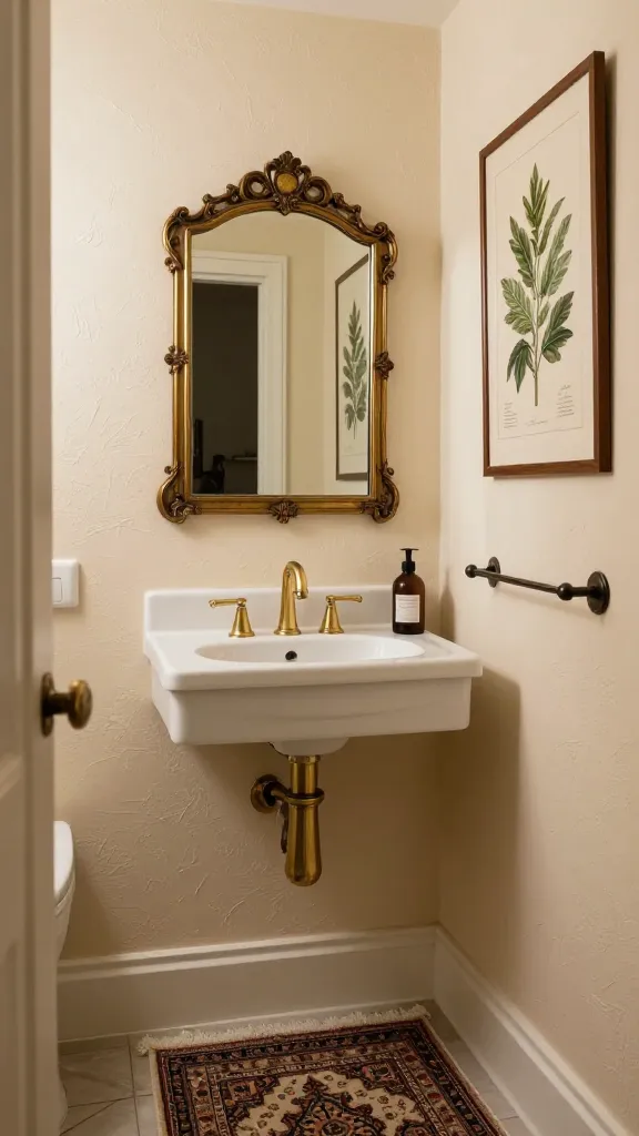 A high-quality, realistic photo of a small, eclectic explorer's retreat bathroom. Soft cream walls with a subtle textured plaster finish provide a warm, neutral base. A small vintage Persian-style rug with faded, intricate patterns lies on the floor, adding a touch of global charm. Above a minimalist vanity, a unique antique mirror with an ornate, aged brass frame serves as a captivating focal point. Polished brass fixtures, such as the sink faucet, are thoughtfully mixed with dark metal elements like a towel rail or cabinet hardware. A framed botanical print, depicting detailed plant illustrations, hangs on an adjacent wall, enhancing the curated, well-traveled aesthetic. The room is bathed in warm, inviting natural light, highlighting the rich textures and unique finds within the compact space.