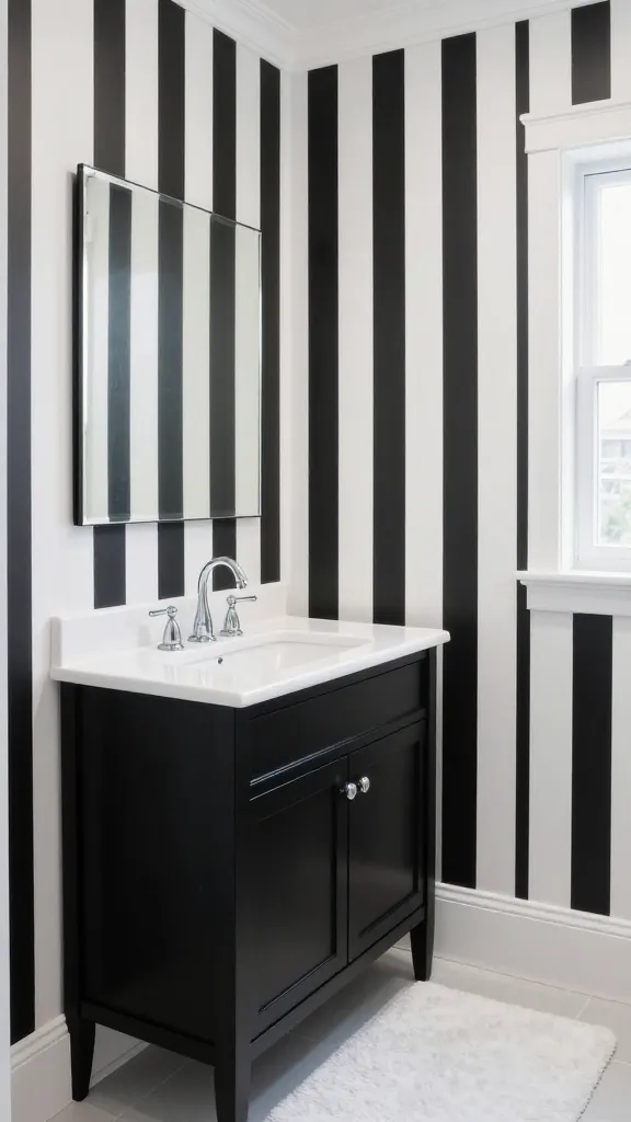 A realistic, high-quality photograph of a small, elegantly designed bathroom featuring a classic black and white contrast. A statement wall is adorned with bold black and white vertical striped wallpaper, while the remaining walls are painted crisp white. A sleek, simple black vanity with a pristine white countertop and classic chrome faucet fixtures is positioned prominently. A plush, fluffy white bath mat rests on the clean floor. The overall aesthetic is sophisticated, polished, and purposeful, embodying a timeless designer-made feel with natural light. No text.