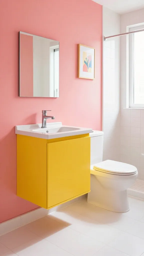 A high-quality, realistic photograph capturing a small, vibrant bathroom designed with a playful color splash. The walls are painted a cheerful coral pink, creating an energetic and fun atmosphere. A sleek, modern vanity in a bold lemon yellow stands out prominently against the pink walls. The floor and shower walls are adorned with simple, clean white tiles, allowing the vibrant colors to truly sing. Bright natural light floods the space, enhancing the joyful and dazzling feel. A minimalist white toilet is subtly placed, and a small, quirky framed art print hangs on one wall, complementing the playful aesthetic. The scene is meticulously styled to feel designer-made, with no text on the image.