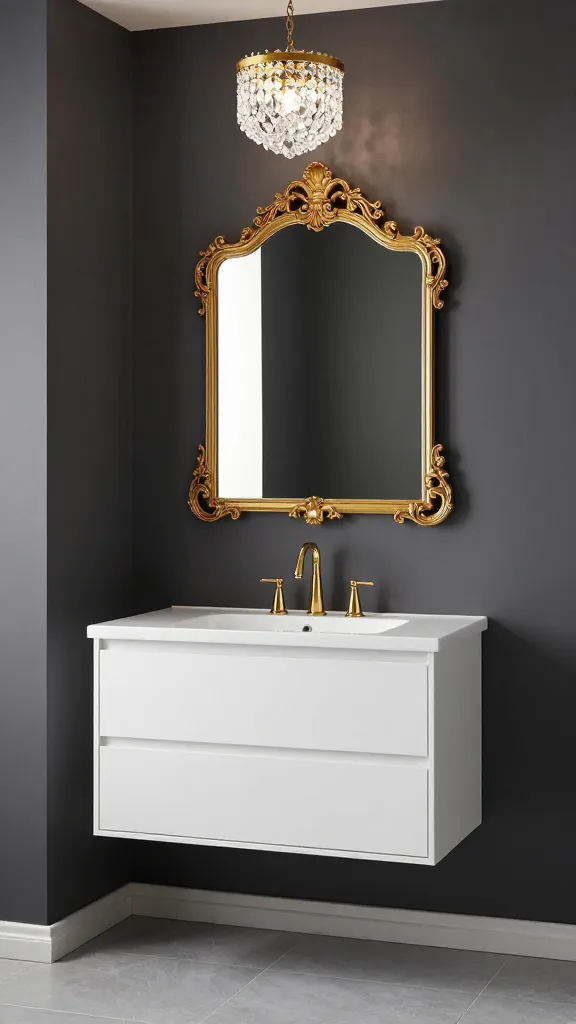 A professional, high-resolution photograph of a small, luxurious bathroom. The walls are painted a deep charcoal gray, providing a sophisticated backdrop. A sleek, minimalist white floating vanity is adorned with a luxurious gold faucet and matching hardware. Above the vanity, a decadent, ornate gold-framed mirror commands attention. A small, elegant crystal chandelier hangs from the ceiling, adding a touch of sparkle. The floor is covered with large format light gray tiles, contributing to the modern balance. The overall design exudes gilded grandeur with contemporary refinement, feeling opulent yet fresh and designer-made.