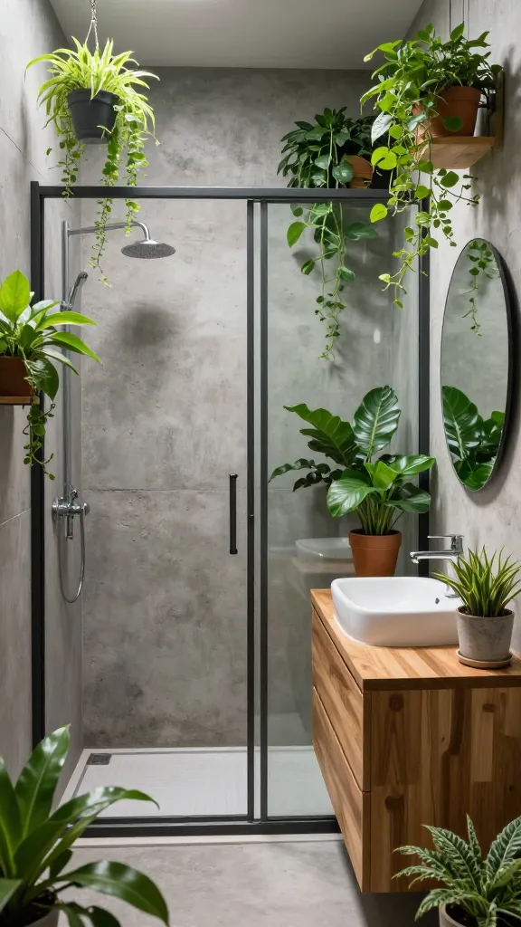 A high-resolution, realistic photo of a small, modern urban jungle bathroom. The walls are finished with a raw concrete effect, providing a cool industrial backdrop. A sleek, dark metal-framed shower screen defines the shower area. A simple, warm-toned wooden vanity introduces natural warmth and contrast. The space is abundantly populated with diverse greenery: lush potted plants are placed on surfaces, elegant hanging plants cascade from the ceiling, and delicate trailing plants soften edges. Natural light streams into the room, highlighting the textures of the concrete and wood, and the vibrant greens of the foliage, creating a refreshing and stylish urban oasis.