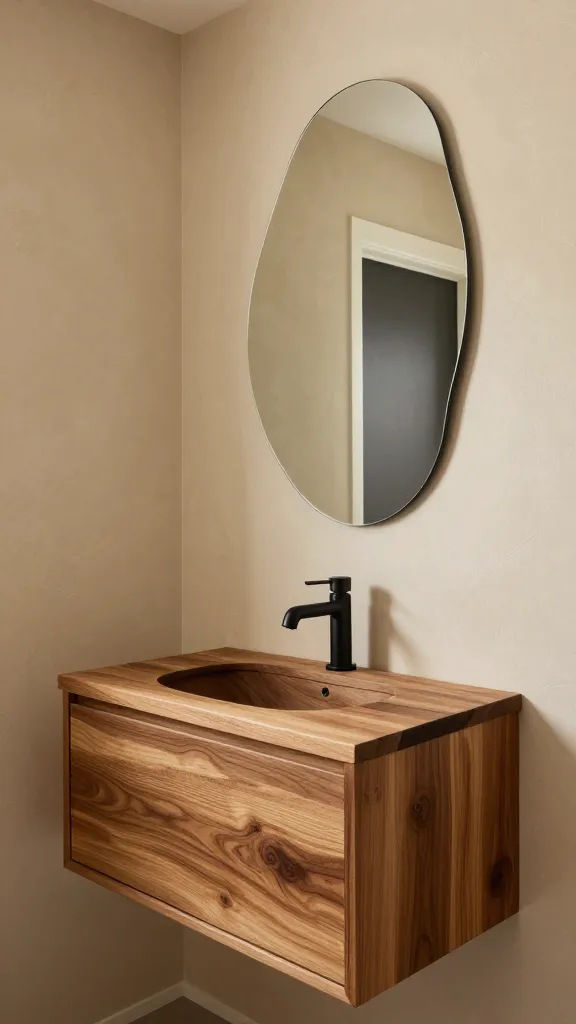 A high-quality, realistic photo of a small, rustic refined bathroom. The walls are subtly textured with a warm, earthy beige lime wash paint, creating a soft, inviting backdrop. A stunning live-edge wood vanity with a natural, polished finish is the focal point, featuring a sleek, modern basin. Above the vanity, a large, organically shaped mirror with a thin, almost invisible frame adds an artistic touch. The faucet and other visible fixtures are matte black, providing a sophisticated, grounded contrast. The scene is bathed in soft, natural light, highlighting the rich textures and elevated design, creating a warm, contemporary, and inviting atmosphere. No text.