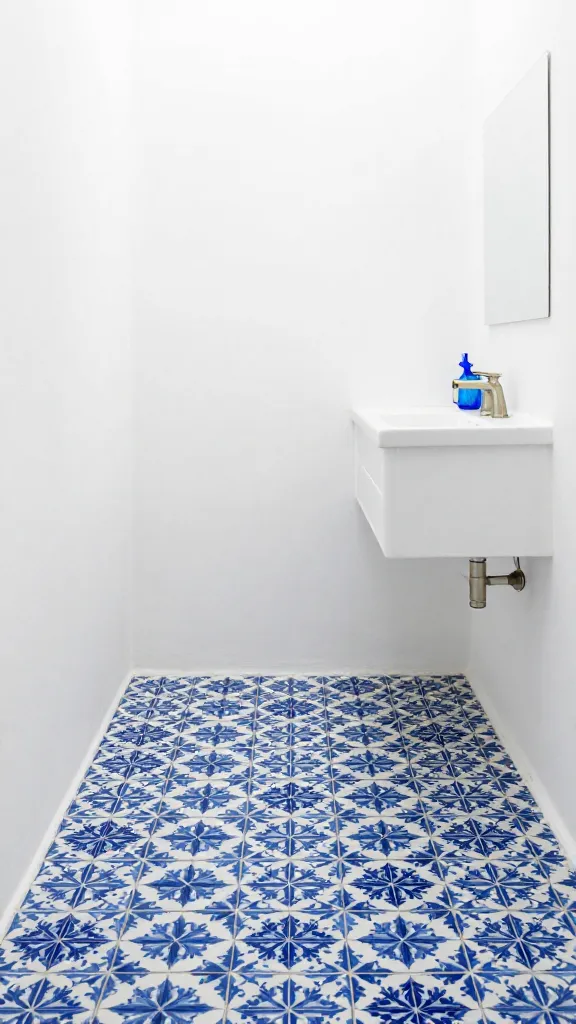 A high-quality, realistic photo of a small, sun-drenched Mediterranean-inspired bathroom. The floor is covered in striking patterned blue and white tiles, reminiscent of traditional Mediterranean ceramics, serving as the room's vibrant focal point. The walls are crisp white, creating a bright and airy feel. A simple white vanity with brushed nickel fixtures stands against one wall. A few delicate blue glass accents, such as a small vase or soap dispenser, are strategically placed, catching the natural light. The overall atmosphere is fresh, vibrant, and utterly charming, showcasing a harmonious blend of crisp whites and various shades of blue.