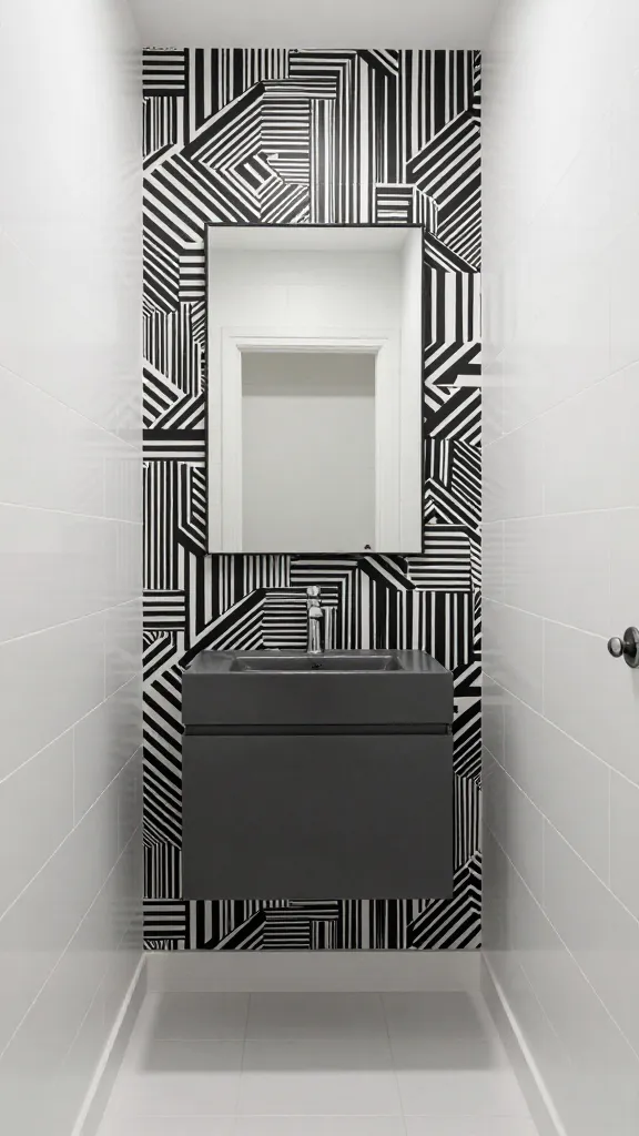 A high-quality, realistic photograph capturing the interior of a small, modern bathroom with a designer-made feel. The focal point is an accent wall adorned with a striking, dynamic black and white geometric pattern wallpaper, featuring clean lines and sharp angles. Adjacent walls and the floor are clad in sleek, minimalist white rectangular tiles. A simple, boxy deep gray vanity is positioned beneath a large, rectangular mirror with a thin black frame. The space is brightly and evenly lit, highlighting the bold geometric theme and clean aesthetic. No text.