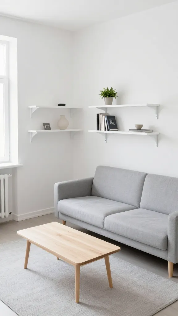 A high-angle, bright, realistic photograph capturing a small, open, and airy Scandinavian-style apartment living room. The dominant color palette features crisp white walls, a soft gray low-profile sofa with subtle indications of hidden storage compartments (e.g., a barely visible seam or pull tab), and pale birch wood accents. Integrated modular shelving units, painted the same crisp white as the walls, blend seamlessly, discreetly displaying a few curated minimalist decor items like a small green potted plant, a couple of art books, and a simple ceramic vase. Natural light floods the space from an unseen window, highlighting the clean lines and clutter-free environment. A pale gray textured rug covers the floor, and a minimalist pale wood coffee table sits in front of the sofa. The overall atmosphere is serene, functional, and uncluttered, emphasizing a sense of spaciousness.