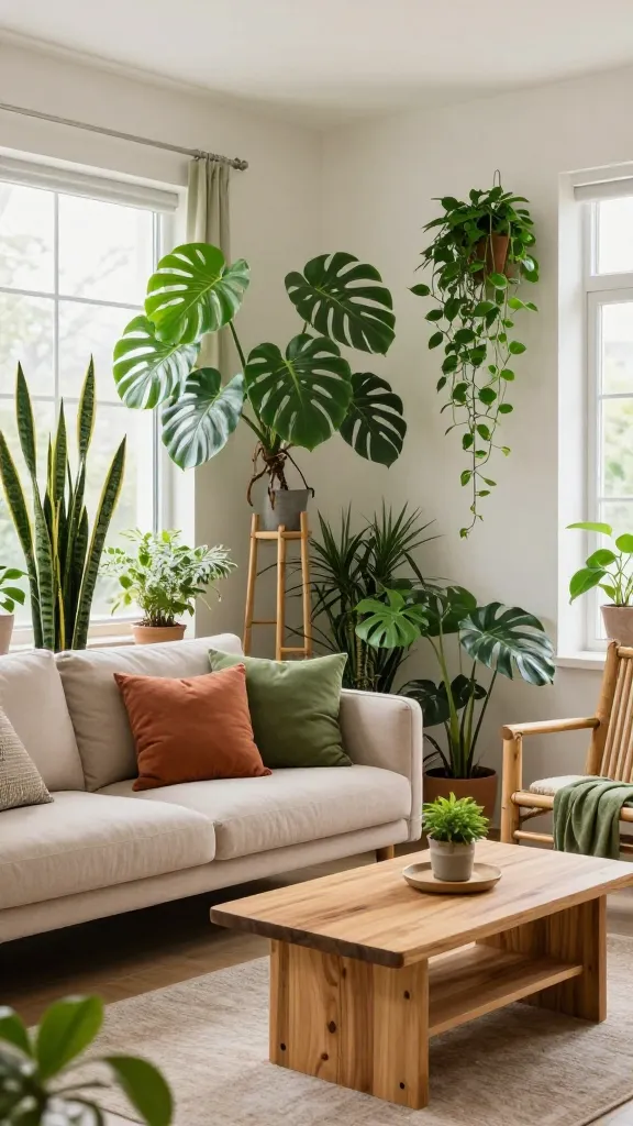 A bright, high-quality, realistic photo of a small apartment living room bathed in abundant natural light, transformed into an open and airy urban jungle retreat. A compact, light sandy beige sofa with moss green and terracotta throw pillows anchors the space, facing a natural teak coffee table. Lush indoor plants are strategically placed to draw the eye upwards and add depth: tall snake plants stand in corners, a leafy monstera thrives on a bamboo plant stand, and vibrant pothos cascades from a vertical wall planter. A bamboo armchair with a subtle moss green throw completes the seating arrangement, blending seamlessly with the earthy tones and natural wood furniture. The room feels fresh, invigorating, and deceptively spacious, emphasizing natural textures and a harmonious connection to nature. No text.