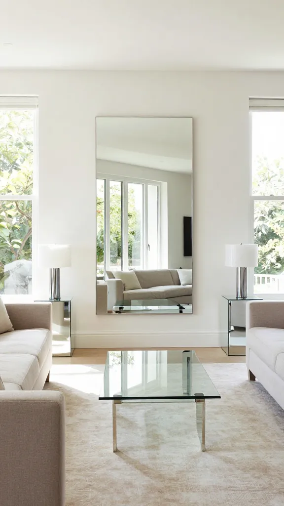 A high-resolution, professional photograph of a small, modern apartment living room bathed in abundant natural light. A large, oversized rectangular mirror with a thin, minimalist frame hangs prominently on the far wall, perfectly positioned opposite a large window, brilliantly reflecting the incoming sunlight and a lush green outdoor view. In the center of the room, a sleek, minimalist glass-top coffee table sits on a light-colored area rug. Flanking a comfortable, light-toned sofa are two elegant mirrored side tables, one of which holds a stylish, polished chrome accent lamp. The room's light color palette (whites, soft grays, creams) and minimalist decor enhance the reflective surfaces, making the space feel significantly larger, brighter, and incredibly open and airy. Wide-angle shot, eye-level perspective.