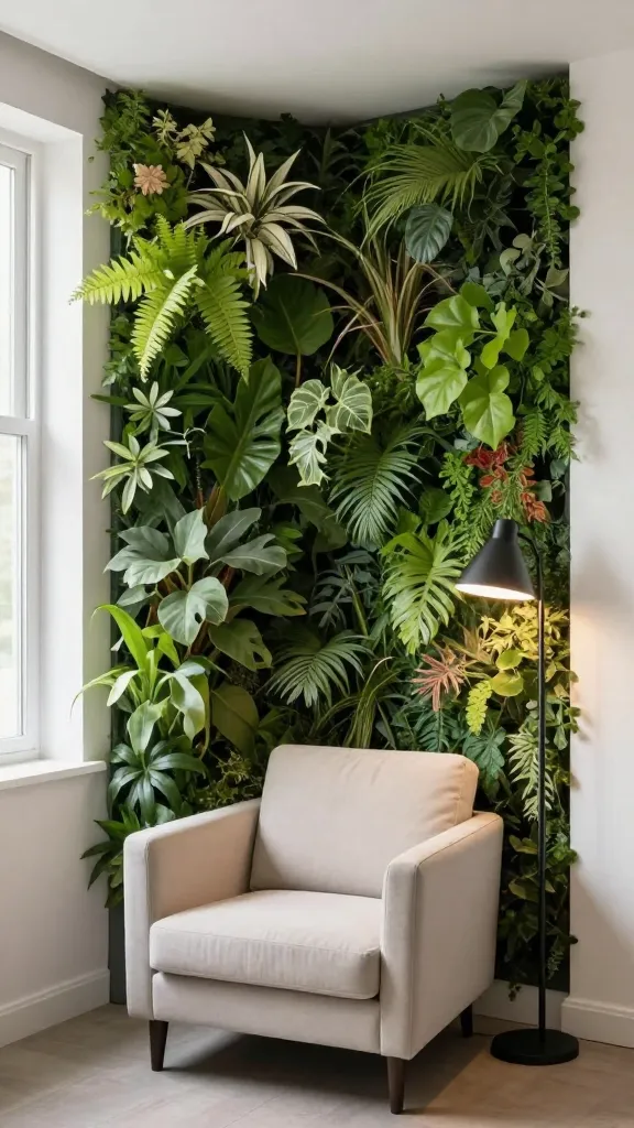 A high-quality, realistic photograph of a bright and airy small apartment living room corner. The focal point is a vibrant, floor-to-ceiling vertical garden wall, intricately designed with a variety of lush green plants and subtle floral accents, creating a living tapestry that draws the eye upward. Nestled in the corner directly adjacent to this verdant wall is a small, inviting plush armchair upholstered in a soft, neutral fabric like cream or light grey. Beside the armchair, a sleek, minimalist floor lamp with a slim profile in matte black or brushed metal provides warm, ambient lighting. Natural light floods the space from an unseen window, enhancing the feeling of openness and comfort. The overall aesthetic is a harmonious blend of nature and modern coziness, perfect for a dedicated reading nook. No text.