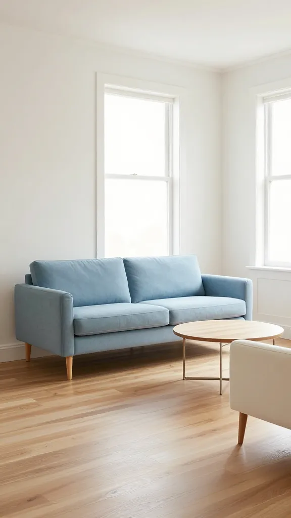 A high-quality, realistic photograph of an elegantly styled small apartment living room designed to feel open and airy. A light blue mid-century modern sofa, elevated on slender, tapered wooden legs, is the focal point, allowing the light oak hardwood floor to be clearly visible underneath. It is complemented by a creamy white armchair also featuring slim, exposed wooden legs. A round coffee table with a light wood top and delicate metal legs sits centrally, further enhancing the perception of space. The walls are painted a soft, off-white, and abundant natural light streams in from a large window, illuminating the room and emphasizing its bright, sophisticated, and light atmosphere. Subtle decorative elements in soft blues and creams enhance the airy feel without clutter.