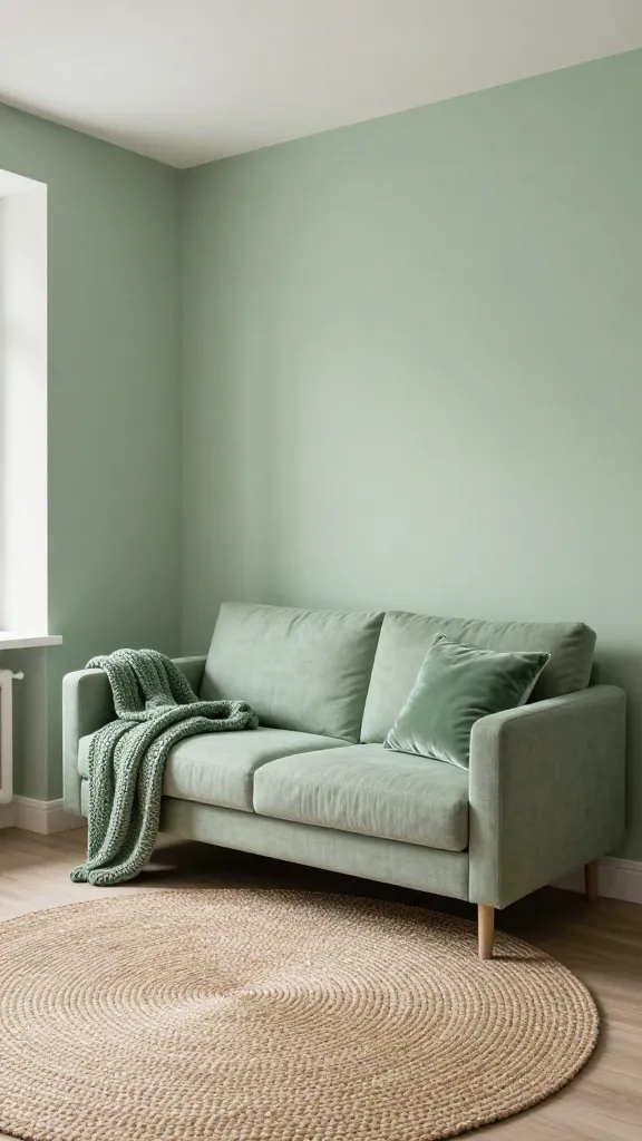A high-quality, realistic photo capturing a small apartment living room, designed to feel open and airy. The entire space is a sophisticated monochromatic marvel, predominantly featuring soft sage green and its subtle tonal variations. A sleek, compact modern two-seater sofa, upholstered in a light sage linen fabric, serves as the main seating. Draped artfully over one arm of the sofa is a chunky knit throw in a slightly deeper, muted sage, while a plush velvet cushion in a harmonious, slightly lighter sage tone rests against the backrest. Beneath the sofa, a round, natural-toned jute rug with a prominent woven texture grounds the space, adding an organic element without disrupting the color flow. The walls are painted in a seamless soft sage green, creating an illusion of expanded space. Abundant natural light filters into the room, illuminating the varied textures and enhancing the serene, continuous aesthetic. No text.