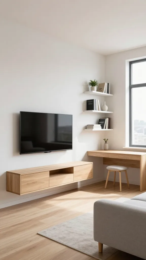 A high-resolution architectural photograph of a bright and airy small apartment living room. The main wall features a sleek, light wood wall-mounted media console with a flat-screen TV mounted above it. To the side, a series of minimalist white floating shelves are artfully arranged, displaying a curated selection of books, a small potted plant, and a decorative ceramic vase. In a corner, a compact, wall-mounted desk with a light wood surface and a simple, backless stool creates a functional workspace that keeps the floor entirely clear. Natural light streams in from a large window, illuminating the light grey sofa and emphasizing the open, uncluttered floor space. The design showcases smart vertical living for a spacious feel.