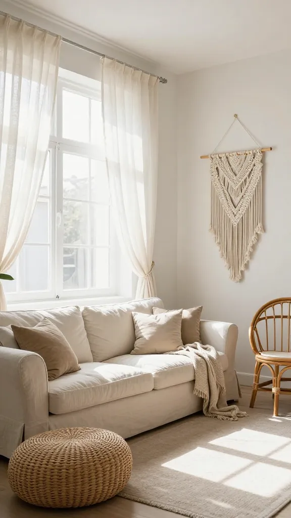A bright, small apartment living room designed in a light bohemian chic style. Sunlight streams through sheer, off-white linen curtains draped over a large window, illuminating the space. A comfortable, off-white linen slipcover sofa is adorned with a few lightweight, textured throws in natural tones. Adjacent to the sofa is a round wicker pouf, and a stylish rattan accent chair sits nearby. A delicate macrame wall hanging with intricate patterns is a focal point on a light-colored wall. The room feels exceptionally open, airy, and inviting despite its compact size, with a relaxed, free-spirited ambiance. High-resolution, realistic photograph, taken during daytime.