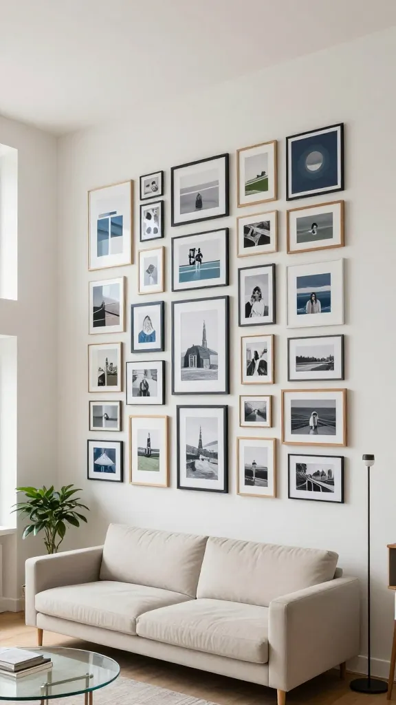 A high-angle, realistic photo capturing a small, modern apartment living room designed to feel open and airy. The focal point is an expansive gallery wall dominating one main wall, extending significantly from just above a light-colored, compact two-seater sofa almost to the ceiling. This gallery wall features a thoughtfully curated collection of diverse art prints and framed personal photos, varying in size from small to large, and mixing frame styles (e.g., sleek black, natural wood, thin metallic) while maintaining a cohesive color palette of muted blues, creams, and grays with subtle green accents. The wall creates a strong vertical visual anchor, drawing the eye upwards. The living room itself is bright, with light off-white walls, minimal clutter, and a small, round glass coffee table. A tall, slender floor lamp stands beside the sofa, and a potted green plant adds a touch of life. Natural light softly illuminates the space, emphasizing the feeling of spaciousness despite the room's small footprint. The overall aesthetic is clean, inviting, and sophisticated.