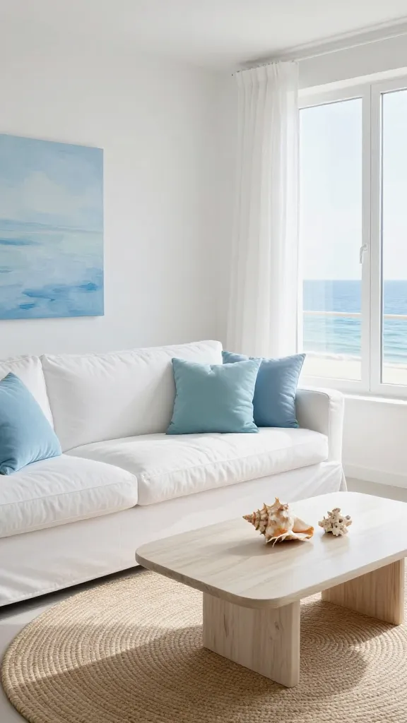 A high-quality, realistic photograph of a small apartment living room, exuding a serene coastal calm. The room is bathed in abundant natural light streaming through a large window, creating an open and airy atmosphere. A plush, white slipcovered sofa anchors the space, featuring several throw pillows in varying shades of sky blue and aqua. A large, circular jute rug with a natural texture lies beneath the sofa and a light-toned, minimalist coffee table with a subtle driftwood base. On the coffee table, a single, elegant conch shell and a small, bleached piece of coral are thoughtfully arranged. The walls are painted a crisp pure white, complemented by sheer, breezy white curtains. The overall color palette is dominated by cool blues, pure whites, and sandy beiges, evoking the refreshing feeling of a sea breeze. No text on image.