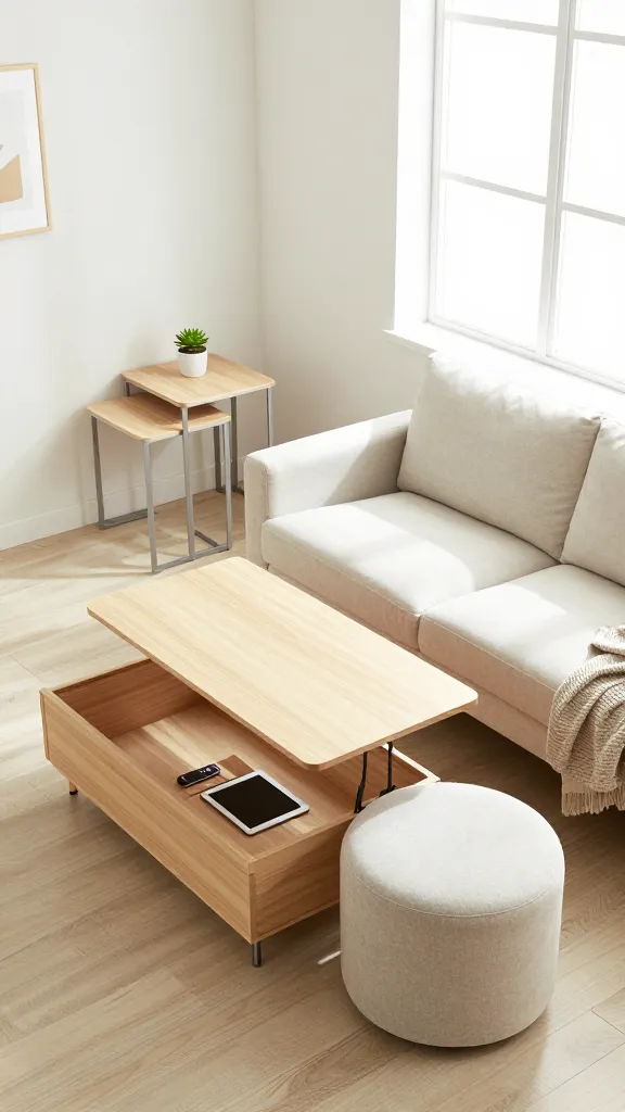 A high-angle, realistic photograph capturing a meticulously designed small apartment living room that feels incredibly open and airy. The focal point is a compact, light-colored sofa positioned against a clean, pale wall. In front of the sofa, a sleek, light wood coffee table has its lift-top partially elevated, revealing a hidden storage compartment with a tablet and a remote control, showcasing its dual function. Adjacent to the sofa, a versatile, round upholstered ottoman in a neutral tone offers extra seating, subtly hinting at its internal storage. A set of two minimalist nesting tables, crafted from slender metal and light wood, is arranged elegantly in a corner, with the smaller table slightly pulled out, holding a delicate potted succulent. Abundant natural light floods the room from a large window, enhancing the bright and spacious atmosphere. The overall aesthetic is clean, uncluttered, and highly functional, with thoughtful accents like a textured throw blanket and a single piece of framed abstract art. No text.