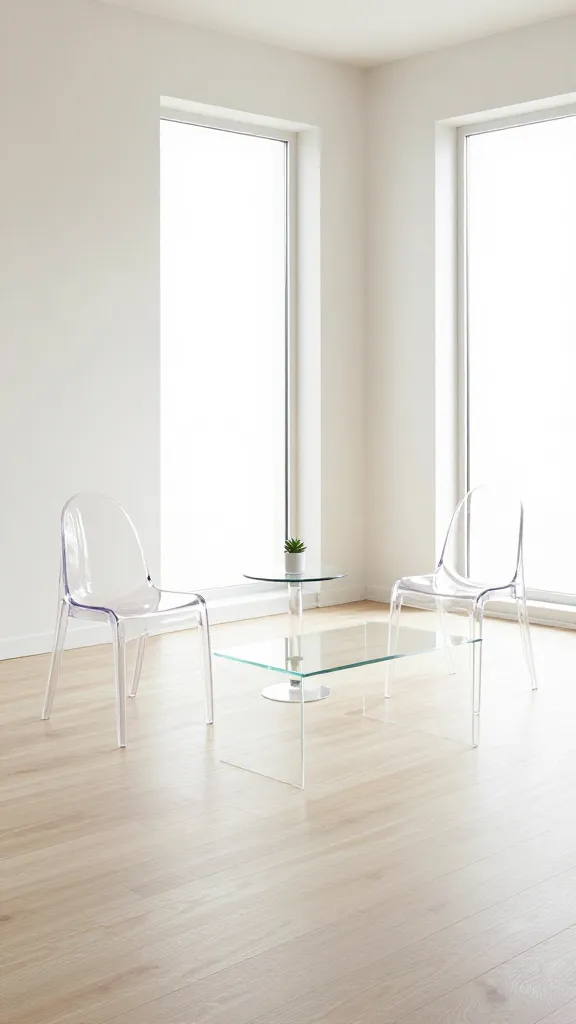 A realistic, high-quality photograph of a small apartment living room designed for maximum openness and airiness. The space is bathed in bright, natural daylight pouring in from a large window, illuminating light-colored walls in a soft off-white and pale, wide-plank wood flooring. The furniture practically disappears: a sleek, rectangular acrylic coffee table stands centrally, its transparent surface reflecting the light. Two modern 'ghost' chairs made of clear polycarbonate are arranged around it, their forms barely visible, creating an unobstructed visual path across the room. A minimalist round glass side table accompanies one chair, holding a single, small, elegant green succulent in a simple white pot. The overall aesthetic is modern, sleek, and minimalist, emphasizing clean lines and an expansive, uncrowded feel due to the transparent elements and light palette. No text.