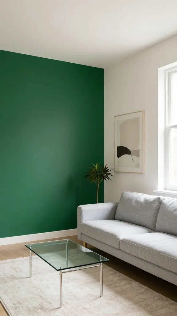 A high-quality, realistic photograph of a chic and inviting small apartment living room, bathed in abundant natural light. The room's focal point is a single accent wall painted in a deep, luxurious emerald green. The other walls and ceiling are a bright, creamy off-white. A compact, modern sofa upholstered in a light gray fabric is positioned against a neutral wall, complemented by a minimalist glass coffee table and a soft, light-toned area rug. Subtle decor, including a slender, potted plant and a single large piece of abstract art with muted tones on the accent wall, enhances the sophisticated, open, and airy atmosphere. The overall design emphasizes elegant contrast and intentional space utilization.