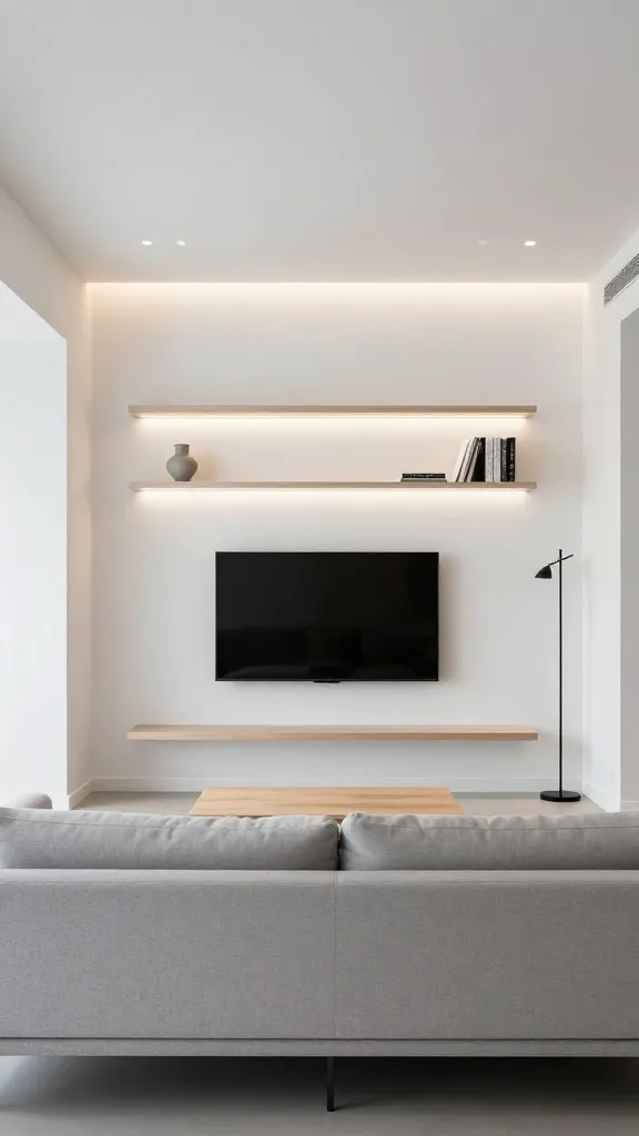 A high-quality, realistic interior photograph of a small apartment living room designed in a minimalist modern style, feeling open and airy. The room features clean white walls and a light grey, low-profile sofa with thin, modern legs. A large, wall-mounted flat-screen television is centered, with subtle LED strip lighting glowing from behind it, creating a soft, expansive halo effect. Above the sofa, two simple floating shelves are installed, each illuminated from underneath by concealed LED strip lighting, highlighting a single small, sculptural vase and a couple of art books. The ceiling features unobtrusive recessed lighting providing warm, ambient illumination. In one corner, a single, tall, slender black metal floor lamp with a minimalist design adds a touch of sophisticated drama without clutter. A simple, light-toned wooden coffee table with clean lines sits in front of the sofa. The overall atmosphere is one of sophisticated spaciousness and intentional design, with every element contributing to an uncluttered, bright, and inviting feel. No text on images.