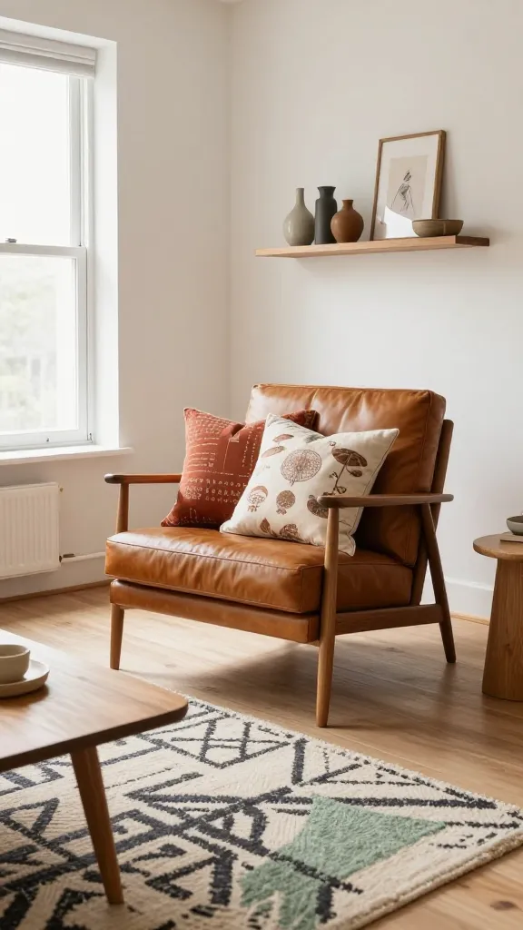A high-quality, realistic photo of a bright and airy small apartment living room, showcasing eclectic charm through thoughtful curation. A rich, caramel-toned leather vintage armchair with slender wooden arms is the focal point, adorned with global-inspired throw pillows in muted terracotta and cream patterns. Beneath it lies a modern, low-pile rug featuring a subtle geometric design in charcoal, cream, and a hint of sage green. The room is unified by a consistent palette of warm natural wood tones, seen in a minimalist wooden coffee table and a floating shelf displaying carefully chosen objects. Natural light streams in from a large window, emphasizing the room's open and spacious feel. Each piece is intentionally chosen and serves a purpose, creating a unique, lived-in, and uncluttered atmosphere. No text.