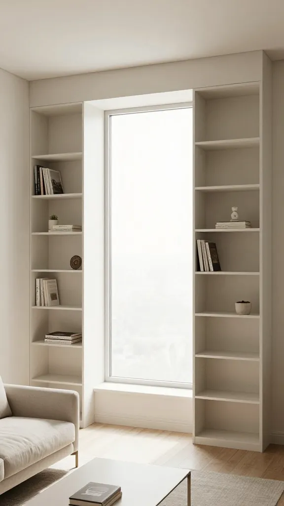 A high-angle, realistic, high-quality photograph of a small, modern apartment living room. The main feature is a large window with custom-built, floor-to-ceiling shelving units seamlessly integrated on both sides. These built-ins are painted the identical light, neutral color as the surrounding walls, creating a visually disappearing, streamlined effect. The shelves are minimally styled with a few curated books, a small potted plant, and a single sculptural object, emphasizing a sophisticated, clutter-free aesthetic. Abundant natural light pours through the window, making the room feel open and airy. A compact, light-toned sofa and a minimalist coffee table occupy the foreground, complementing the intentional and maximized use of space.