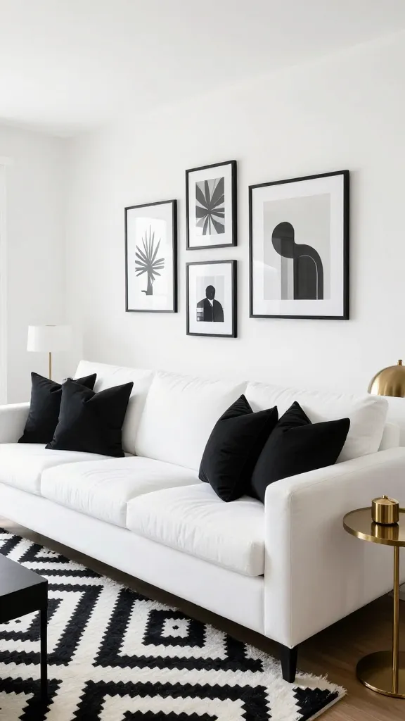 A high-quality, realistic photograph of a chic small apartment living room, designed with high contrast black and white drama. A crisp, clean white sofa is centered, adorned with bold black accent pillows. Underneath, a striking geometric black and white rug grounds the space, adding visual depth. On the bright white wall behind the sofa, a curated gallery of black-framed art pieces creates a sophisticated display. A touch of warmth is introduced by a sleek brass side table positioned next to the sofa, featuring a minimalist brass decorative object or a stylish brass table lamp. The room feels dynamic, open, and airy despite its compact size, bathed in ample natural light. No text.