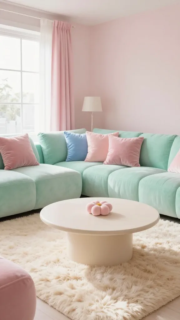 A high-quality, realistic photo of a small apartment living room designed with a playful pastel and soft shapes aesthetic, bathed in abundant, soft natural light to create an open and airy feel. The primary color palette is dominated by blush pink, mint green, baby blue, and cream. A round, light cream-colored coffee table sits centrally on a plush, fluffy cream rug. Adjacent to the coffee table, an armchair with distinctively soft, rounded curves is upholstered in a delicate mint green fabric. Scattered on the armchair are several luxurious velvet cushions in varying pastel shades of blush pink and baby blue. The overall atmosphere is dreamy, inviting, and utterly charming, emphasizing comfort and spaciousness without feeling cramped. No text.