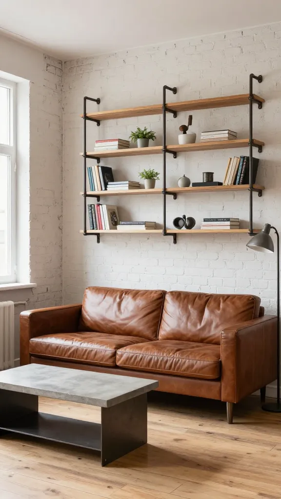 A high-quality, realistic photo of a small apartment living room designed with an industrial edge. The compact, rich brown leather sofa is positioned against a light-colored exposed brick wall, which contributes to the raw material aesthetic while maintaining a bright and open feel. In front of the sofa sits a sleek concrete-top coffee table with a dark metal base. Dominating an adjacent wall is a custom-built open shelving unit constructed from dark metal pipes and light wood shelves, showcasing a minimalist arrangement of books, a small green plant, and a few curated industrial-style decorative objects, providing storage without visual bulk. Natural light streams in from a window, illuminating the light-toned wooden floor. An industrial-style floor lamp with a metal shade stands discreetly in a corner. The overall impression is edgy, cool, and surprisingly spacious and airy for a small apartment living room, emphasizing the visual lightness of the open shelving.