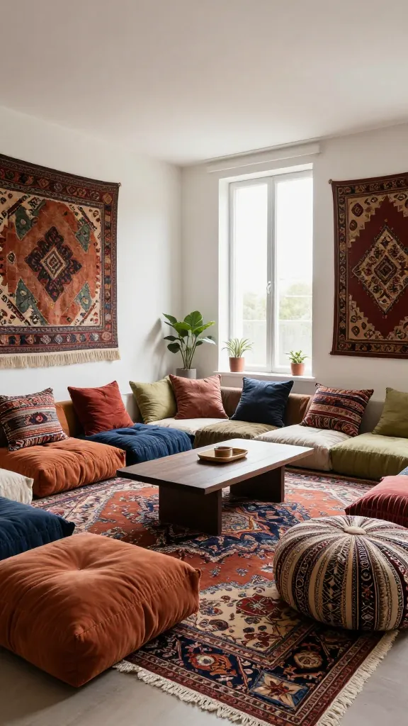 A high-quality, professional wide-angle photograph of a small apartment living room designed in a Global Nomad style. The room features a flexible, low-profile floor seating arrangement with an abundance of layered, plush floor cushions and textured poufs in rich, global-inspired patterns (Moroccan, Kilim, Batik) and earthy tones (terracotta, deep indigo, olive green, cream). These are arranged invitingly around a minimalist, low-slung dark wood coffee table. A large, intricately patterned Persian-style rug in vibrant yet muted colors anchors the entire space. The walls are adorned with large, textural textile wall hangings and tapestries, adding visual interest. Natural light streams in from a large window, making the room feel open, airy, and expansive, with an illusion of higher ceilings. The overall mood is cozy, inviting, and relaxed, maximizing every inch without traditional bulky furniture. Realistic, no text.