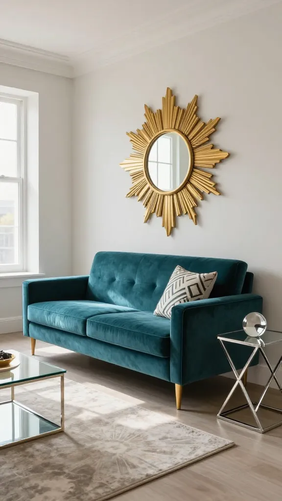 A high-quality, realistic, professional photograph of a small apartment living room, exquisitely designed in an Art Deco Glam style. The focal point is a luxurious teal velvet loveseat with sleek, streamlined forms, positioned centrally. Above it, a striking gold sunburst mirror dramatically reflects light, enhancing the room's open feel. Adjacent to the loveseat, a geometric chrome and glass side table holds a minimalist, reflective decorative object. Metallic accents of gold and chrome are subtly integrated throughout the space, appearing on lamp bases or decorative trim. Geometric patterns are subtly introduced on a throw pillow or an area rug, complementing the clean lines. The space is meticulously styled to avoid clutter, emphasizing sophisticated sparkle and reflective materials. Despite its small footprint, the room feels remarkably open and airy, bathed in soft, natural light streaming from an unseen window. No text on image.