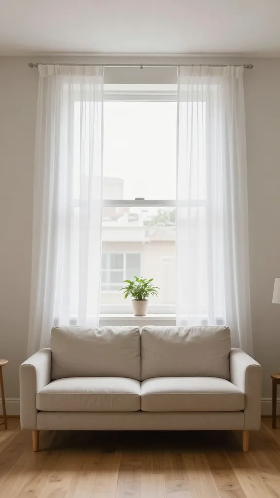 A realistic, high-quality photo of a small apartment living room with a prominent, large window as the central focal point. Floor-length, sheer white drapes adorn the window, allowing abundant natural light to flood the space. A modern, light-colored loveseat is positioned directly facing the window, creating an inviting and open seating arrangement. The area beneath the window is kept clear of heavy furniture, with only a small, minimalist potted plant on the windowsill, enhancing the feeling of openness and airiness. Light wood flooring and soft, neutral-toned walls contribute to the bright, expanded feel of the room.