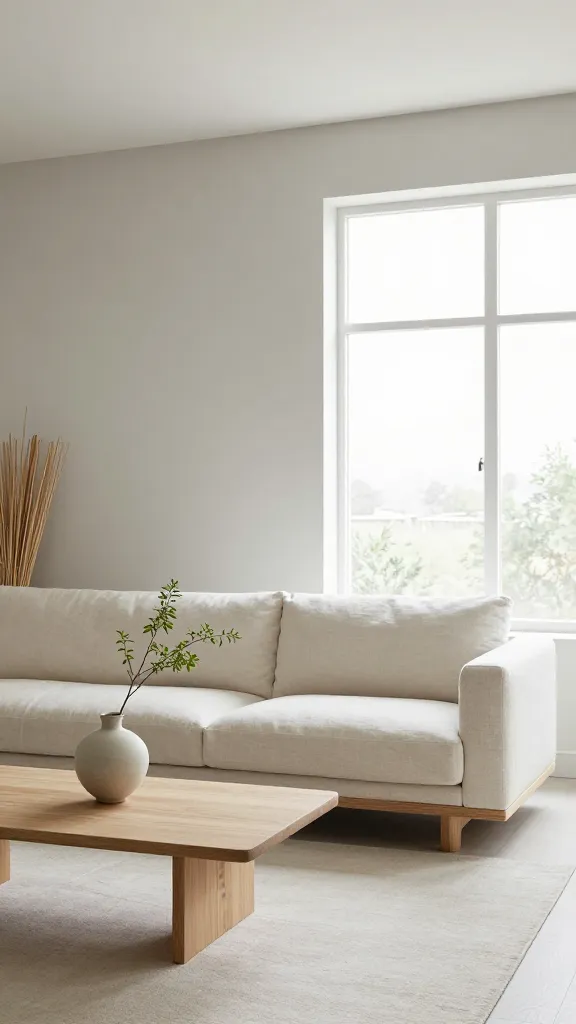 A high-quality, realistic interior photograph capturing a small apartment living room designed in a serene Japandi fusion style. The focal point is a low-profile platform sofa, upholstered in an off-white linen, positioned against a soft gray wall. In front of it, a sleek, low-slung coffee table crafted from light natural wood holds a minimalist ceramic vase with a single delicate soft green branch. The room's muted color palette of off-whites, grays, and subtle soft greens is enhanced by abundant natural light pouring in from a large window, creating an expansive and airy feel. Thoughtful design is evident in the clean lines of the furniture and the incorporation of natural textures like the linen sofa, a fine woven bamboo accent, and smooth ceramics, all contributing to a calm, ordered, and wonderfully spacious atmosphere.
