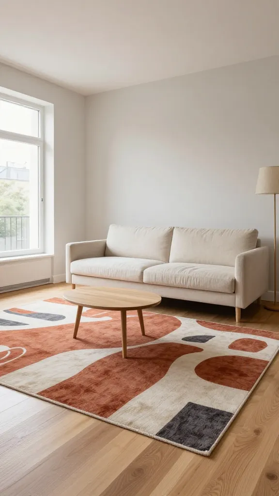 A high-quality, eye-level, realistic photo capturing a small, open-plan apartment living room, bathed in abundant soft natural light streaming from a large window on the left. The room's undisputed focal point is a large, boldly patterned abstract rug in sophisticated shades of muted terracotta, cream, and charcoal, which prominently covers most of the light oak hardwood floor. Anchored on this statement rug is a simple, low-profile cream linen sofa with clean, modern lines, positioned against a smooth, light greige wall. A single, minimalist round coffee table crafted from light wood rests centrally on the rug. To the right of the sofa, a slender, understated floor lamp with a simple linen shade provides subtle illumination. The walls are otherwise bare, and there are no small decorative items, clutter, or competing elements. The overall aesthetic is one of extreme minimalism, intentional curation, and spaciousness, creating a truly open and airy feel within the compact area. Sharp focus, inviting atmosphere, professional photography. No text.