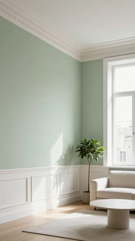 A bright and airy small apartment living room, showcasing elegant architectural details. The walls feature crisp white wainscoting on the lower half, topped with a delicate picture rail molding. A refined crown molding runs along the ceiling line. The walls are painted in a soft, muted sage green, while all the moldings are painted in a slightly lighter, almost off-white shade, creating a subtle, upward-drawing contrast. Abundant natural light streams in through a large window, illuminating a compact, light-colored sofa and a minimalist round coffee table. A tall, slender floor plant adds a touch of greenery. The perspective is a wide-angle, eye-level shot that highlights the verticality and depth added by the wainscoting, picture rail, and crown molding, emphasizing a sense of grandeur and openness in the small space. High-quality photo, realistic, no text.