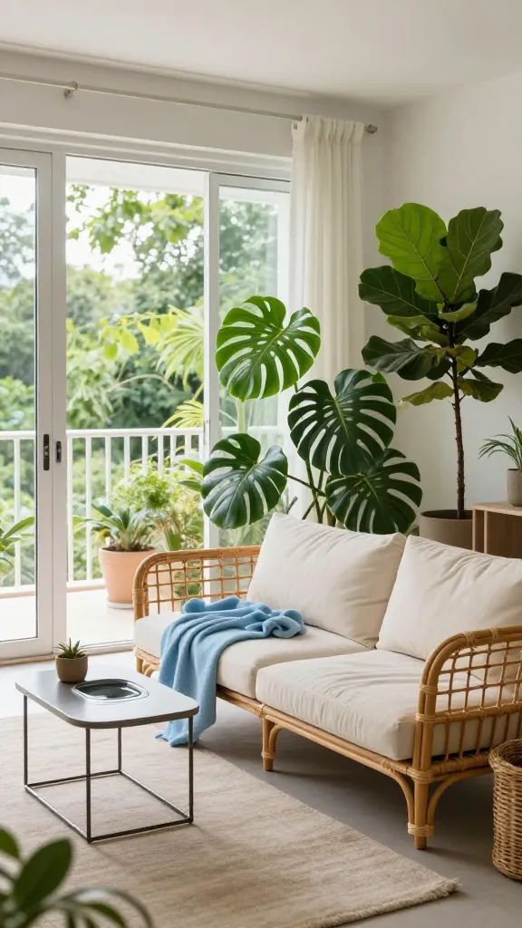 A high-quality, realistic photograph of a small apartment living room designed with an outdoor-inspired patio vibe. The space feels open and airy, with large, wide-open balcony doors inviting the outside in and revealing a lush green view. The main seating area features a comfortable, low-profile rattan sofa with plush cream weather-resistant cushions and a sky blue throw blanket, accompanied by a lightweight metal accent table. Several large potted plants, including a lush monstera and a tall fiddle leaf fig, are arranged to create a natural, green oasis. A subtle, small tabletop water feature rests on the side table, adding a tranquil sound. The color palette is fresh and natural, dominated by sage green, sky blue, and cream, with natural wood and rattan textures. Bright natural light floods the room, enhancing the breezy, relaxed atmosphere. No text.
