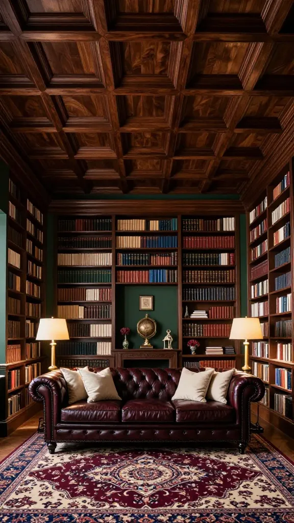 A high-quality, realistic photo capturing a grand library living room, centered around a magnificent, rich dark walnut coffered ceiling. The intricate geometric pattern of the ceiling adds profound architectural depth and a timeless, enduring elegance to the space. The walls are painted a deep forest green, complementing the warm tones of the ceiling. A plush, dark burgundy leather Chesterfield sofa, adorned with cream throw pillows, is positioned on a grand, richly patterned Persian rug, which features hues of burgundy, cream, and deep blue. Towering, built-in mahogany bookshelves, overflowing with a vast collection of hardcovers, line the walls from floor to ceiling. Brass accent lamps cast a warm, inviting glow, highlighting decorative objects and creating a cozy, sophisticated atmosphere. Professional interior photography, soft, ambient lighting, wide-angle perspective showcasing the ceiling's impact, no text.