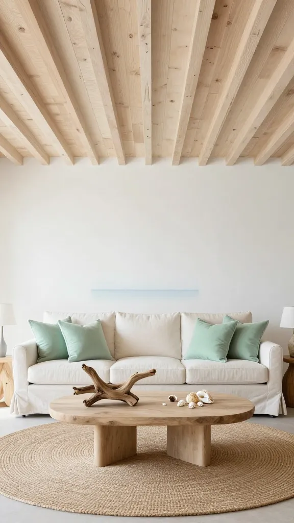 A high-quality, professional interior photograph of a serene coastal chic living room. The dominant feature is a bright, bleached wood plank ceiling, showcasing its charming rustic texture and instantly brightening the space. Below, a plush, slipcovered linen sofa in a soft white or sandy beige is centered on a large, round jute rug. The room's color palette is light and airy, featuring sandy beiges, soft whites, and subtle accents of seafoam green in throw pillows and decorative items. Organic elements like a beautifully gnarled driftwood sculpture on a coffee table and scattered seashells complete the decor. Abundant natural light fills the room, creating a breezy, sophisticated beach house ambiance. No text.