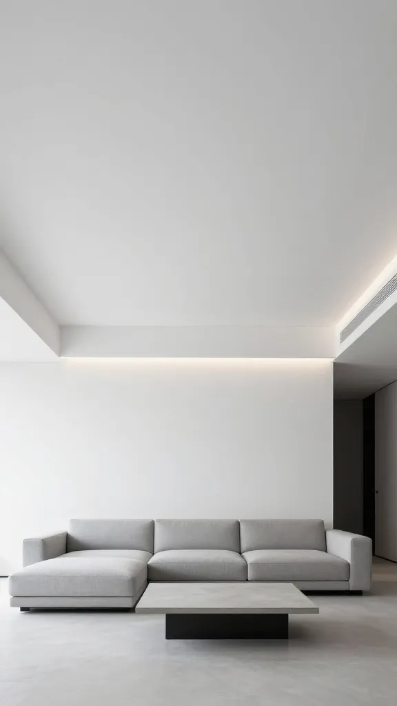A high-resolution, professional architectural photograph capturing a modern minimalist living room. The dominant feature is a sleek, crisp white tray ceiling, impeccably clean-lined, with integrated LED strip lighting emitting a soft, cool-toned ambient glow that subtly highlights its architectural depth. Below, a low-slung, light cool gray modular sofa is elegantly arranged, facing a minimalist coffee table with a smooth concrete top. The entire space adheres to a serene, monochromatic color palette of crisp whites and cool grays, with sparse, deliberate touches of black providing sharp, refined contrast. The room is bathed in soft, diffused natural light, enhancing its uncluttered, understated elegance.