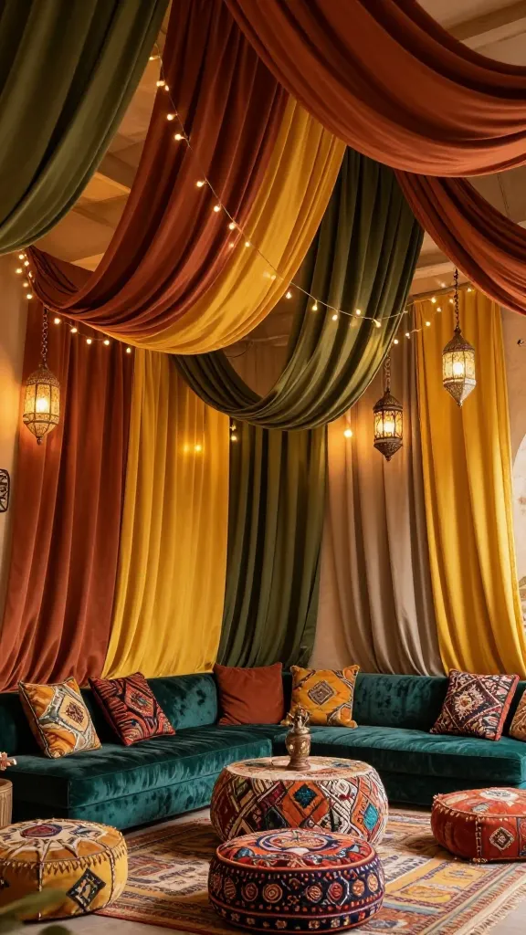 A high-quality, realistic photograph of a bohemian living room, showcasing a stunning fabric-draped canopy ceiling. Soft, flowing drapes in warm terracotta, earthy olive green, and pops of mustard yellow are artfully layered and suspended, creating a dreamy, exotic hideaway effect. Delicate string lights and ornate lanterns are nestled within the fabric folds, casting a warm, inviting ambiance. Below the canopy, a plush velvet sectional in a deep teal hue is surrounded by a collection of patterned floor cushions in complementary warm tones. Several intricately embroidered Moroccan poufs are scattered on a textured rug, completing the cozy and whimsical aesthetic. The lighting is warm and inviting, highlighting the rich textures and layered colors. No text.