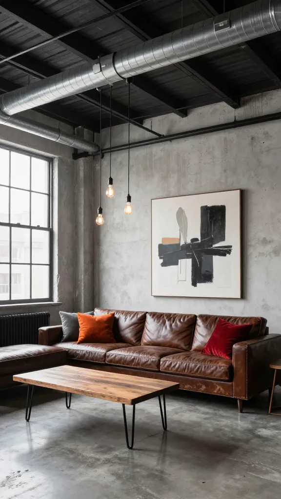 A high-angle, wide shot of an industrial loft living room, prominently featuring an exposed ceiling with original silver ductwork, black pipes, and dark metal beams. The space showcases a large, distressed dark brown leather sofa, a reclaimed wood coffee table with black metal hairpin legs, and several Edison bulb pendant lights hanging at various heights. The color palette consists of concrete grays, black, and white, with striking accents of burnt orange and deep red in throw pillows and an oversized abstract art piece on a concrete wall. The flooring is polished concrete, and large industrial windows allow natural light to stream in, illuminating the raw, edgy, and unapologetically cool urban aesthetic. Realistic, high-quality photograph, professional interior design photography, sharp focus, natural lighting, no text.