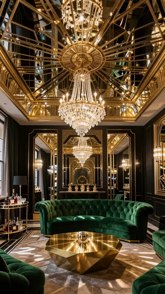 A high-resolution, professional photograph of an opulent Art Deco living room. The dominant feature is the ceiling, entirely covered in large, subtly tinted mirrored panels arranged in a sophisticated geometric pattern, dramatically expanding the space and reflecting light. The room's color palette is rich blacks, shimmering golds, and deep emerald green. A plush emerald green velvet tufted sofa is centrally placed, facing a sleek geometric brass coffee table. Overhead, multiple elaborate chandeliers, dripping with crystals, cast sparkling light patterns across the room. In one corner, a chic brass bar cart is styled with vintage glassware and liquor bottles. Walls are painted a deep black, accented with subtle gold trim. The overall atmosphere is incredibly glamorous and luxurious, reminiscent of the Roaring Twenties, with light bouncing and creating a dramatic, opulent ambiance.