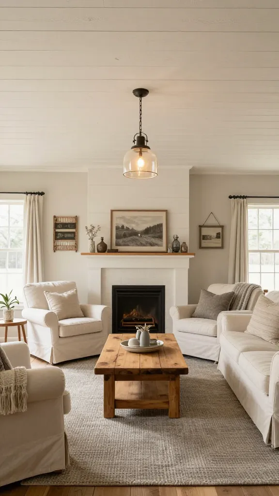 A wide-angle, high-resolution photograph of a warm and inviting rustic farmhouse living room. The most prominent feature is the stunning whitewashed shiplap ceiling, adding significant texture and character to the space. The room is decorated in a serene color palette of soft creams, warm grays, and natural wood tones. In the center, a chunky, natural wood farmhouse-style coffee table sits on a large, soft braided rug in a warm gray hue. Flanking the coffee table are two comfy, slipcovered armchairs in a soft cream color, adorned with cozy throw blankets. Vintage signs subtly adorn the walls, and soft, warm light emanates from a mason jar pendant light fixture hanging from the shiplap ceiling. The overall ambiance is one of perfectly curated, cozy country charm, captured with natural light streaming in, showcasing realistic textures and details. No text on image.