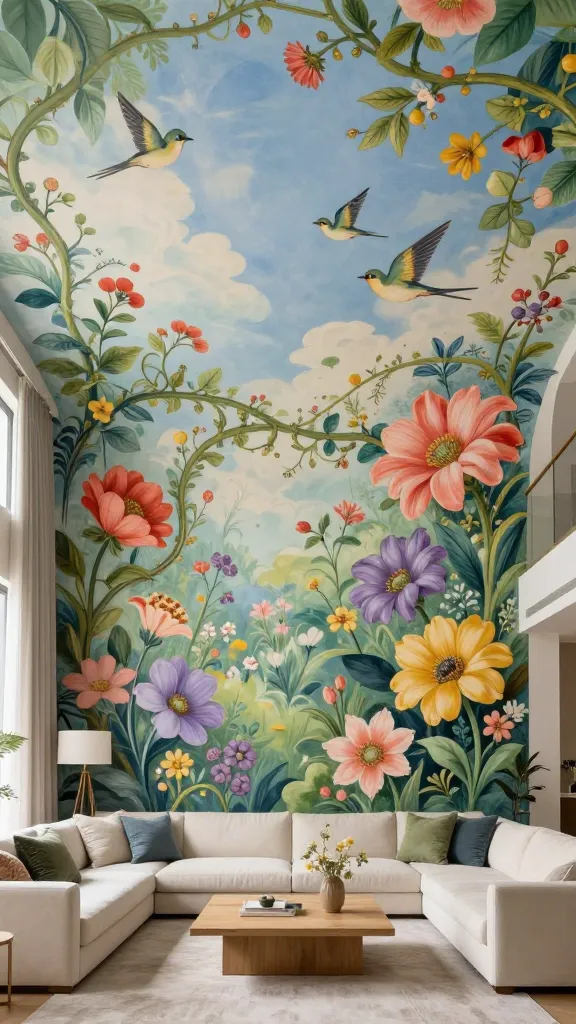 A breathtaking, high-angle, wide-shot photograph of a luxurious living room, meticulously designed to showcase a magnificent hand-painted ceiling mural. The mural itself is a whimsical wonderland, depicting an expansive, blossoming garden with lush, intertwining vines, oversized fantastical flowers in vibrant hues of coral, lavender, and golden yellow, and delicate stylized birds soaring across a soft sky-blue and cloud-white background. The color palette is rich, playful, and dominated by verdant greens, serene sky blues, and soft whites, with pops of vivid floral accents. Below this artistic masterpiece, the living room features minimalist yet elegant furniture: a plush, cream-colored sectional sofa adorned with subtly textured throw pillows in muted greens and blues, a simple light oak coffee table, and a neutral-toned area rug, all arranged to allow the ceiling to be the undeniable focal point. Soft, natural light bathes the room, enhancing the intricate details and vibrant colors of the mural. This is a realistic, high-definition photograph with a professional interior design aesthetic. No text.