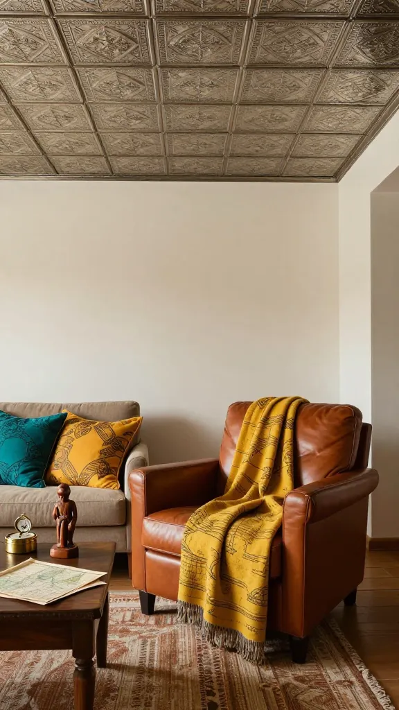 A high-quality, realistic photo capturing an inviting eclectic living room with a prominent vintage tin tile ceiling. The metallic ceiling features intricate patterns and a subtle, aged patina, reflecting the soft natural light that fills the space. A well-loved, rich burnt sienna leather armchair is positioned centrally, draped with a mustard-yellow global textile throw. Nearby, a dark wood side table displays an assortment of unique travel souvenirs, including a small carved wooden statue, an antique brass compass, and a stack of old maps. Cushions in deep turquoise and mustard-yellow patterns, made from various global textiles, are arranged on a neutral-toned sofa partially visible in the frame. The floor is covered by a textured rug in earthy tones, complementing the overall warm palette. The walls are a subtle, warm off-white, allowing the character of the ceiling and the vibrant textiles to truly stand out. The scene evokes a sense of well-traveled history and collected charm with a hint of industrial flair.