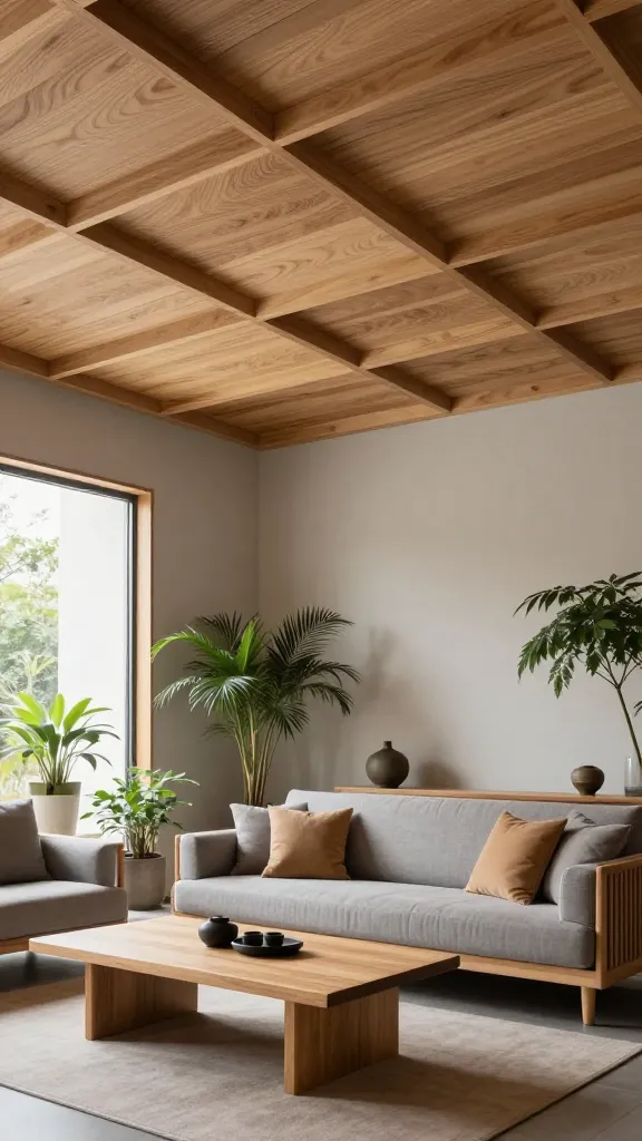 A high-quality, realistic interior photograph of a tranquil Zen living room. The centerpiece is a stunning ceiling adorned with decorative acoustic wood panels in natural light wood tones, featuring a structured, linear design that enhances both aesthetics and sound absorption. Soft, diffused natural light fills the space, illuminating a palette of muted soft greys and warm oatmeal. A low-profile, Japanese-inspired sofa, upholstered in a soft grey fabric, is complemented by warm oatmeal throw pillows. In front of it, a simple, rectangular teak coffee table grounds the seating area. Lush green plants in minimalist pots are thoughtfully placed around the room, adding organic vibrancy. The overall ambiance is incredibly calm, quiet, and serene, evoking a peaceful sanctuary. The shot captures a wide view, prominently showcasing the ceiling design and the harmonious furniture arrangement.