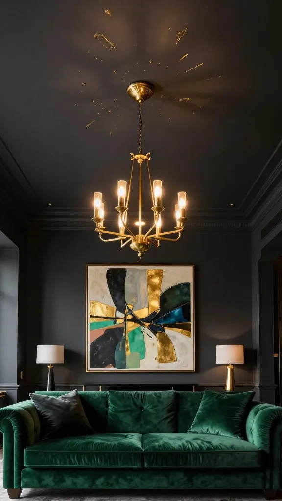 A luxurious and dramatic living room with a high ceiling painted in a deep, matte charcoal gray. Subtle, hand-painted gold leaf accents are delicately visible across the dark ceiling, catching the light. A grand, multi-tiered brass chandelier hangs prominently from the center of the dark ceiling, casting a warm, inviting glow. A plush, oversized velvet sofa in a rich emerald green occupies the foreground, invitingly arranged. Behind the sofa, a large-scale, abstract art piece with bold, contrasting jewel tones and metallic gold accents commands attention on a complementary dark wall. The room feels incredibly cozy, intimate, and enveloping, with warm ambient lighting from the chandelier and soft accent lights. Realistic, high-quality photograph, professional interior photography style, slightly wide-angle shot looking upwards to emphasize the ceiling and chandelier, sharp focus, no text.